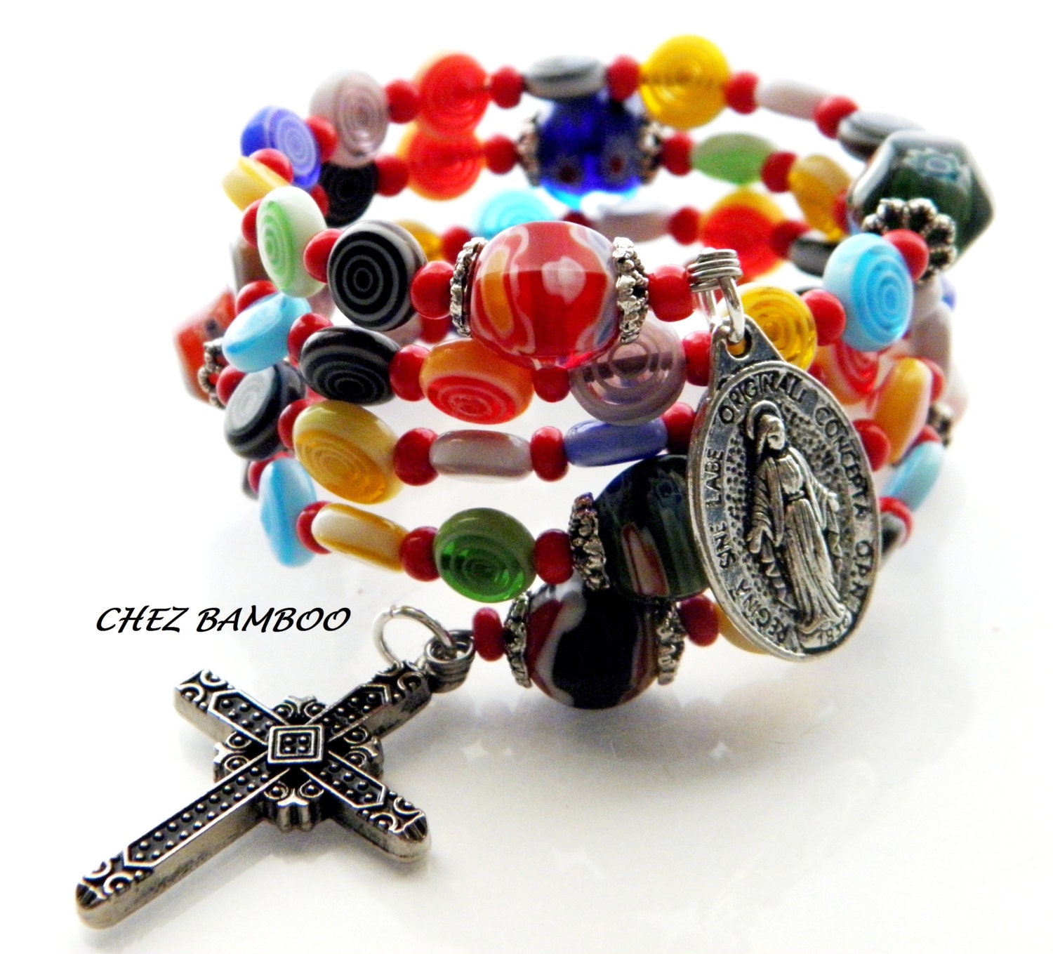 Rosary Bracelet Five Decade Catholic Wrap Miraculous Medal Millefiori Murano Glass Wedding Bridal Religious Mothers Day Easter Cross - ChezBamboo