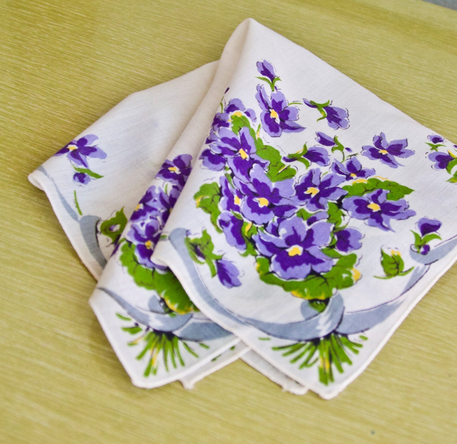 VINTAGE Purple Pansy Flower Blue Ribbon Hanky Handkerchief - TridentTrue