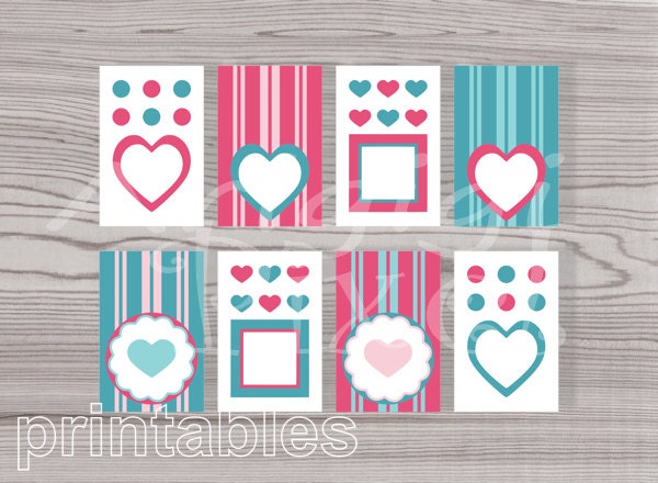 8 gift tags, hearts, dots, stripes, pink and turquoise, valentine, holiday, instant download PNG PDF file Il_570xn