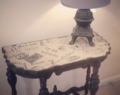 SOLD- Antique Graphite Accent Table Distressed, with French Script