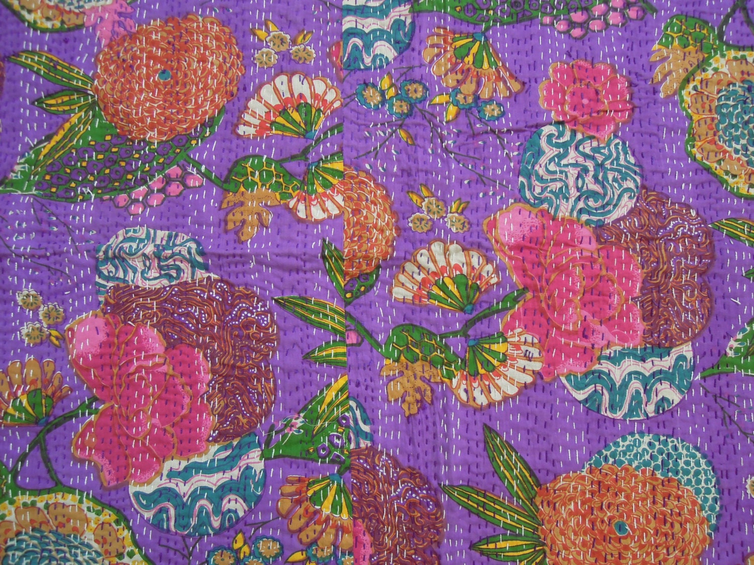 Purple Floral Indian Quilt -Queen Kantha Quilt Quilted Bedspreads,Throws,Ralli,Gudari Handmade Tapestery REVERSIBLE Bedding