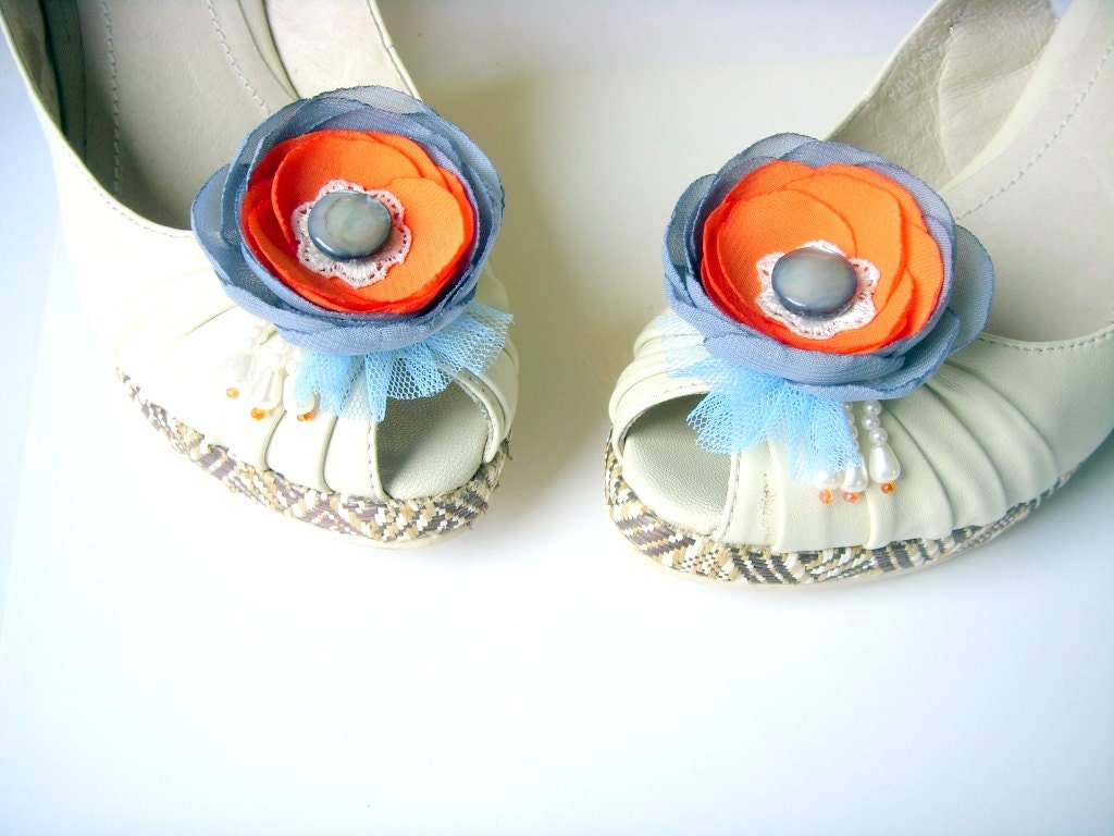 Shoes Clips , Orange and gray flowers  Silk Flower  Orange Wedding , Accessories wedding , Accessories for women , Shoe Accessories