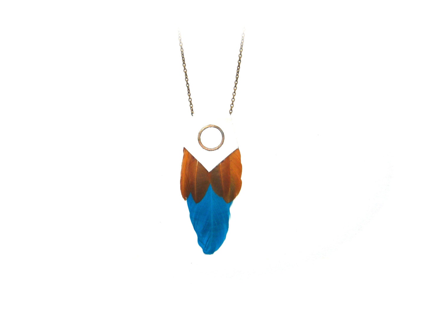 Festival Boho Summer Turquoise Tan Brown Feather Leather Pendant