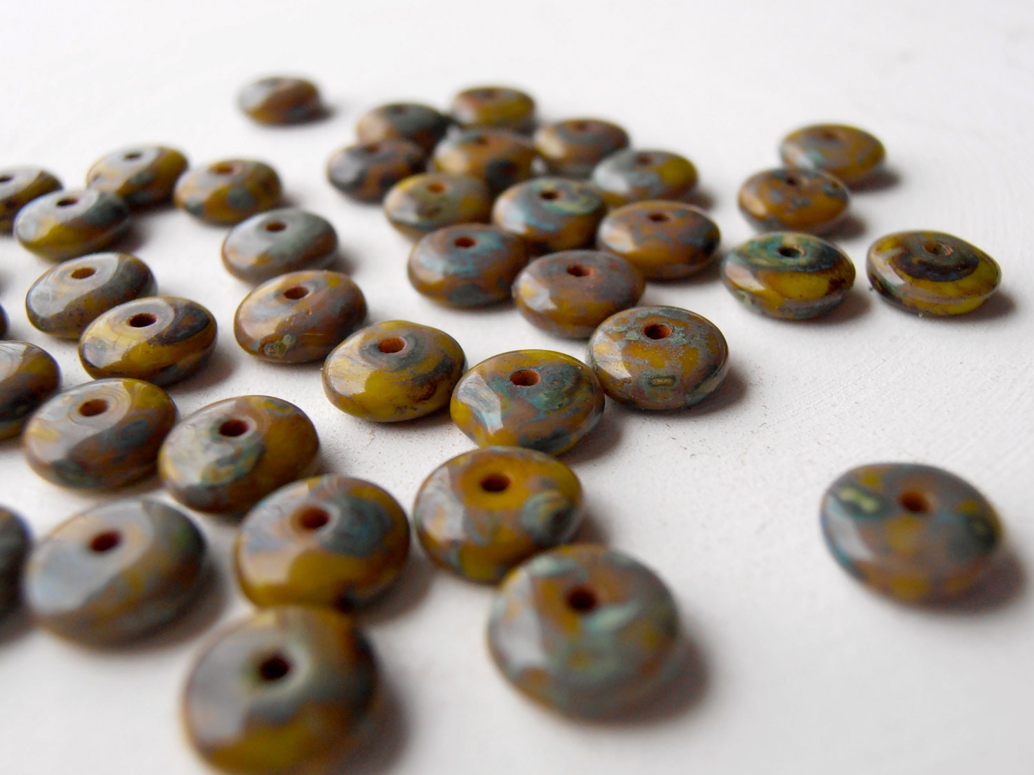 Rustic Moss - 6mm flat mossy green spacers (50), green disc beads, czech glass discs