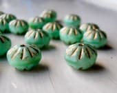 Mint Sundae - 9 x 6mm mint cruller cut rondelle beads with gold picasso finish (10), green picasso beads, czech glass rondelles