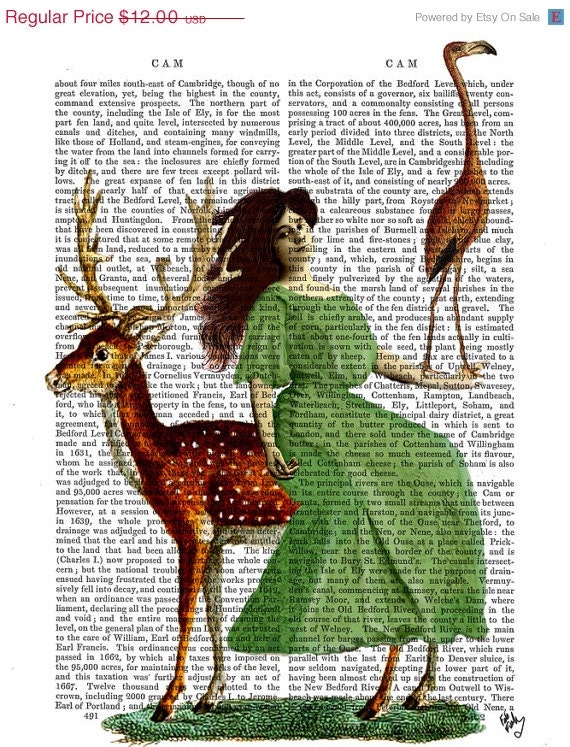 ON SALE Woman with Deer and Bird Art Print Digital Illustration Original Painting Deer Print Deer Art Surreal Print wall art wall decor Wal