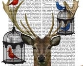 ON SALE Deer and Bird Cages Original Illustration Art Print Mixed Media Painting Animal Painting Wall Decor Wall hanging Wall Art