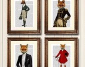ON SALE Foxy Collection, Set of Four Dictionary Art Prints, Upcycled Dictionary Page Wall Decor Wall Art Mixed Media Wall Hanging