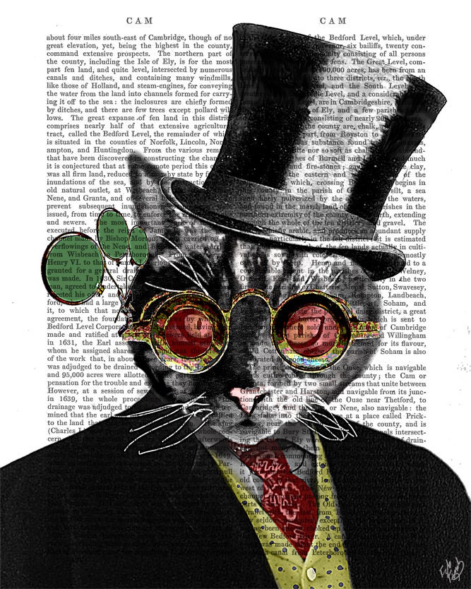 Steampunk Cat In Top Hat Art Print, wall art wall decor upcycled recycled dictionary book page art print, cat picture