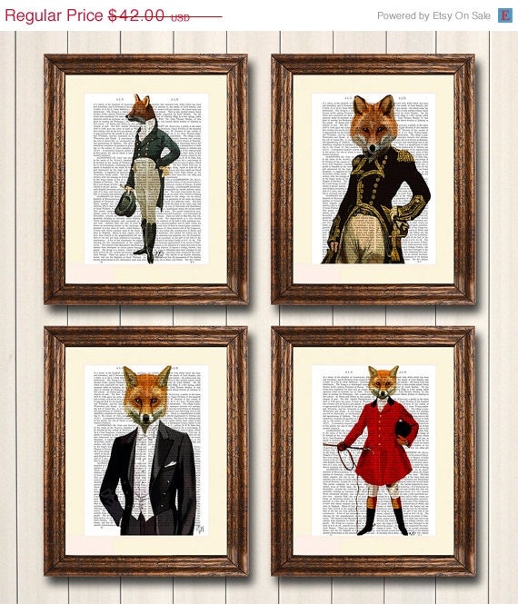 ON SALE Foxy Collection, Set of Four Dictionary Art Prints, Upcycled Dictionary Page Wall Decor Wall Art Mixed Media Wall Hanging
