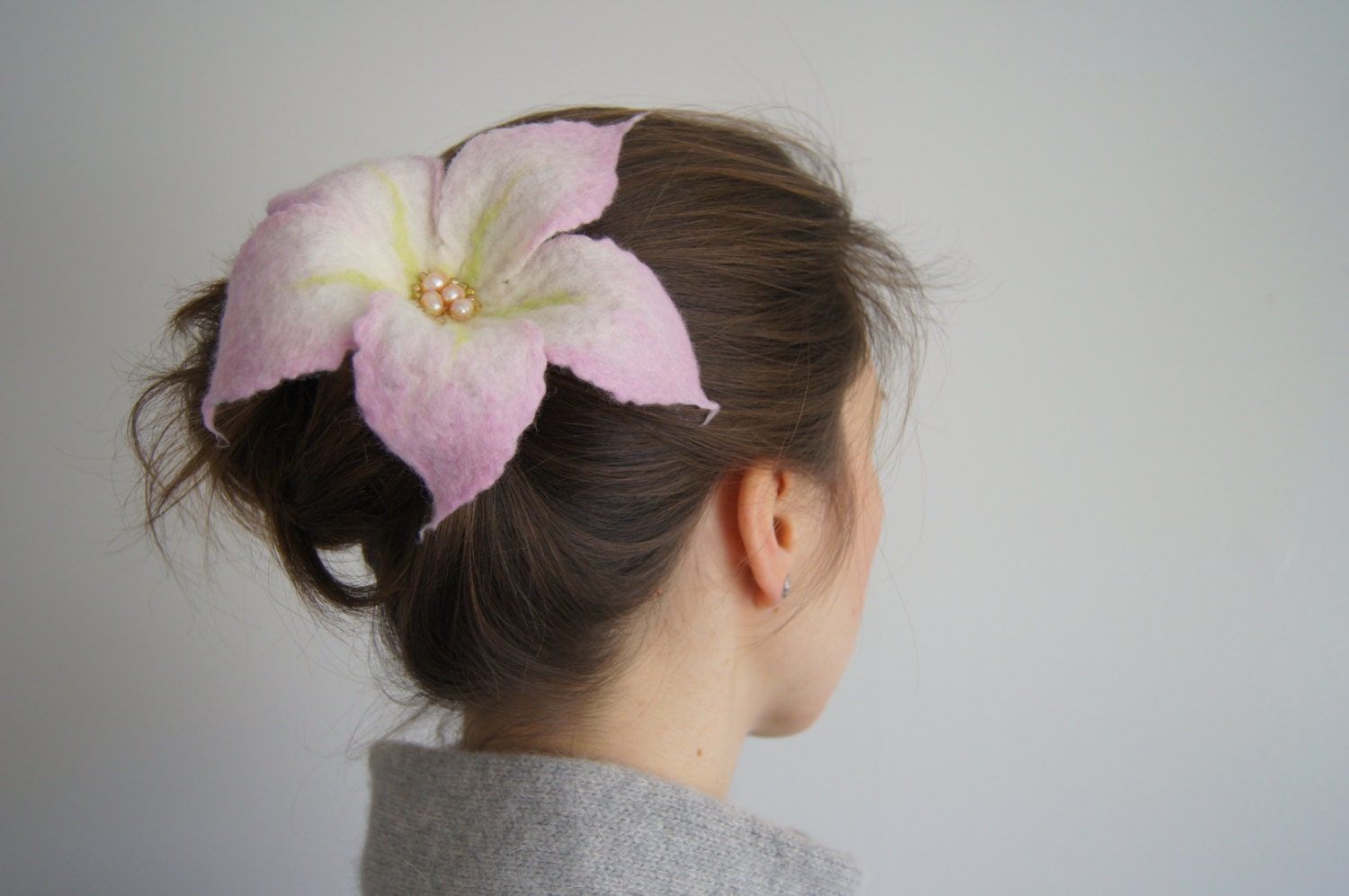 Pink Lily Felted Flower Brooch/ Hair Pin Hand-Made Wool Bridal Accessory