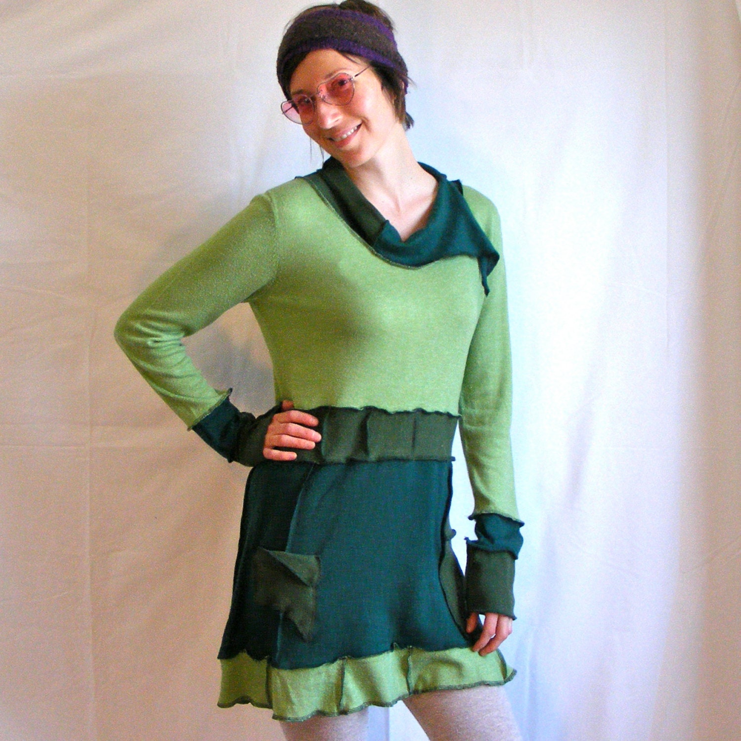 Eco Green Repurposed Upcycled Sweater Dress for an Irish Elf or other Faery Folk, Women's Medium