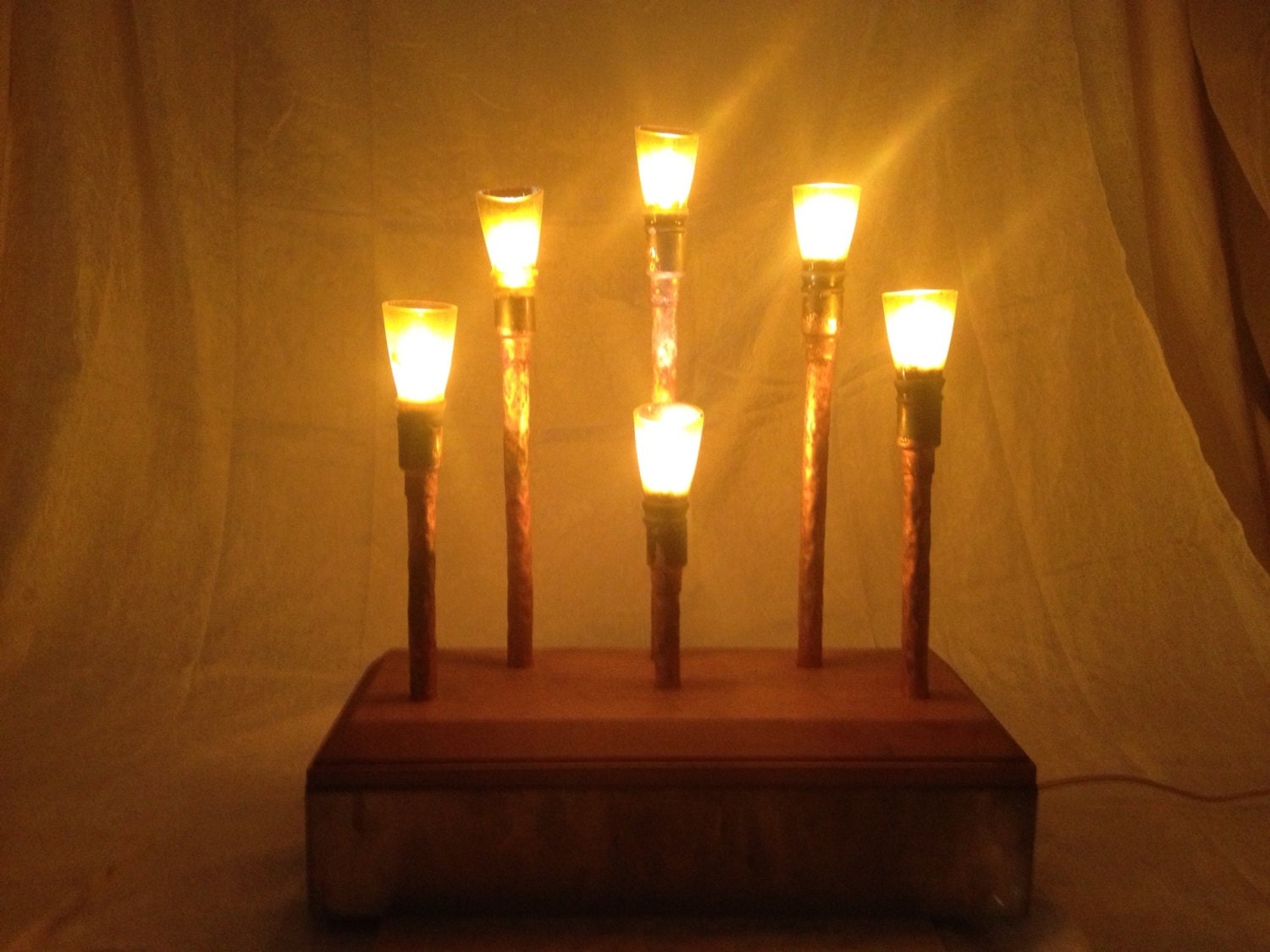 Unique beer bottle , copper wood and steel lamp