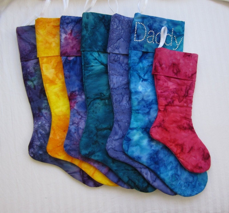 Personalized Batik Christmas Stocking - Fun, Colorful, Funky, Bright, Batik - Choose your color - Rhinestone or fabric personalization