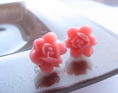 Pink Rosebud Stud Earrings, Flower earrings, Resin earrings, Gold Posts