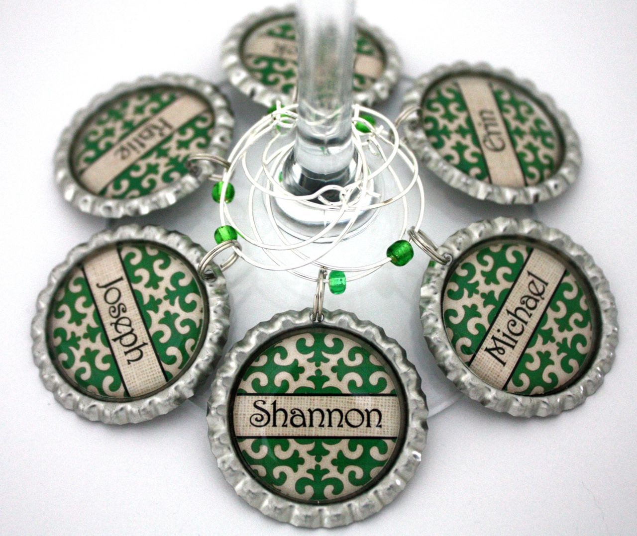 Personalized wine charms birthday party favors Irish drink tags.
