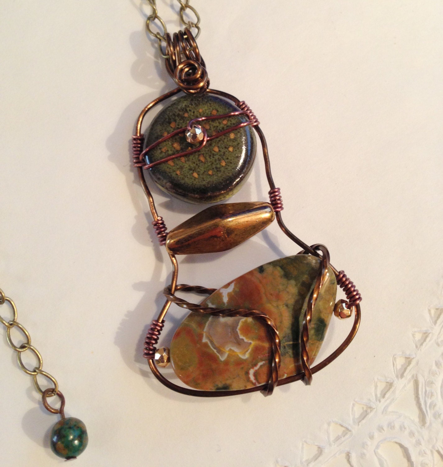Green Bronze Copper Art Pendant Necklace OOAK Gemstone Fashion Jewelry  Gift For Her