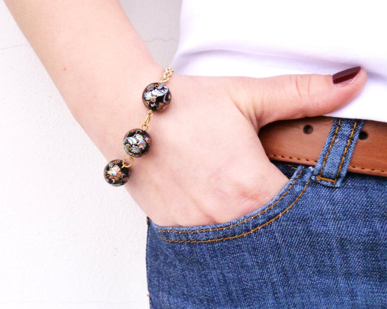 Beaded Bracelet Wood Beaded Bracelet Chain Bracelet Gold Chain Delicate Bracelet Graduation Bracelet Graduation Gift