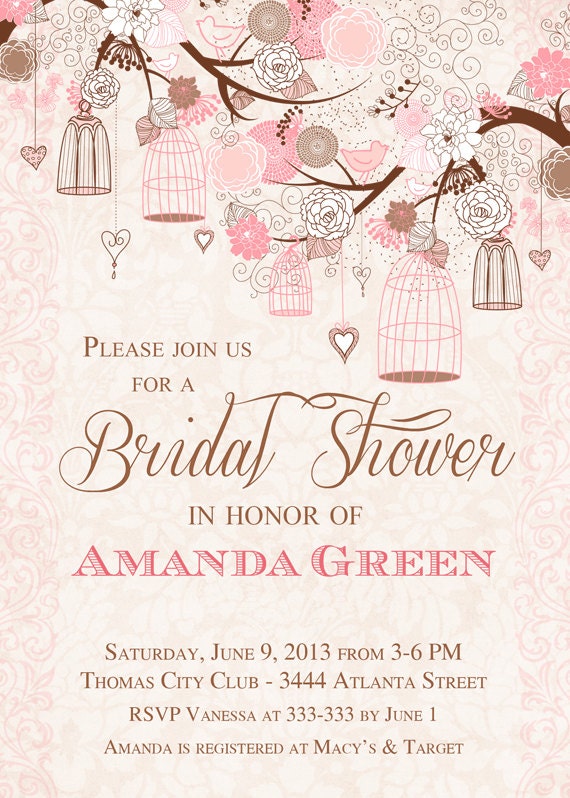 Pink Branches with Bird Cages Bridal Shower Invitation - Printable Il_570xn