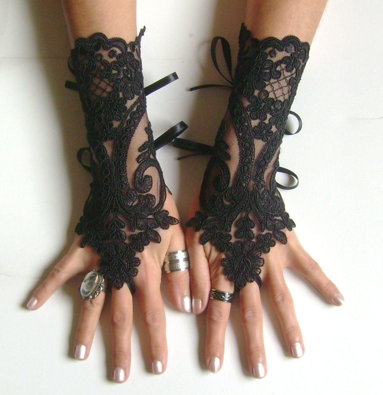 Set of 5 pairs bridesmaid gift Black lace gloves french lace  fingerless gloves burlesque  gothic glove