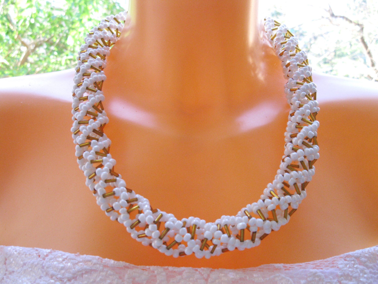 White and Gold Beaded Necklace, Spiral Necklace Venice Beads, Handmade Necklace, Bridal necklace, Mother of bride,  Bridesmaids.