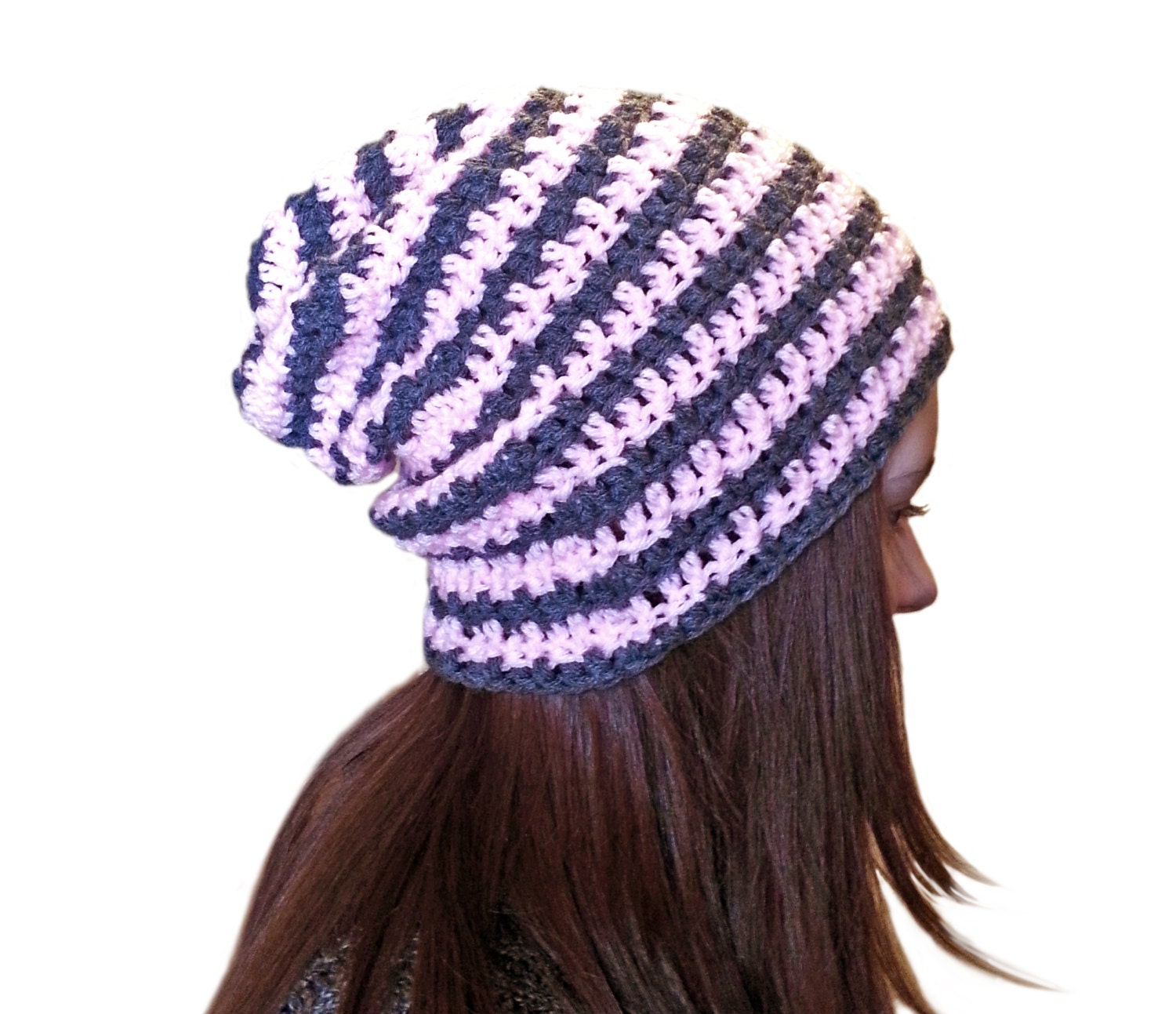 Pink Grey Slouchy Beanie Crochet Slouch Hat Striped Hand Made Comfy Cute Adult Woman Teen