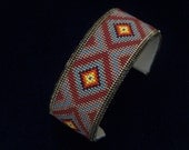 Native American Beaded Cuff Bracelet In Pipe Stone, Turquoise, Copper, Tarnished Silver & Fire Colors Of The Southwest by LJ Greywolf