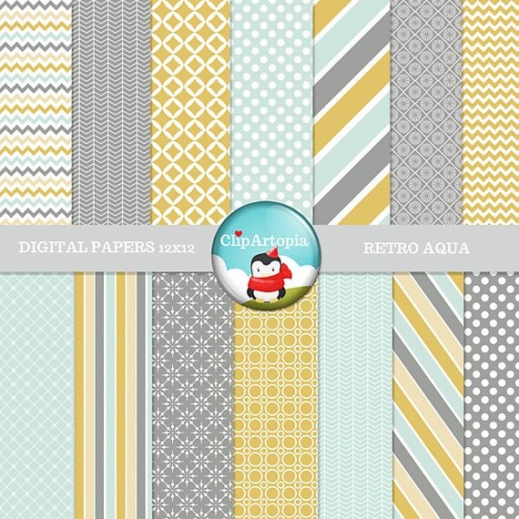 Retro Aqua Digital Paper Pack Great For Personal and Commercial use / INSTANT DOWNLOAD Il_570xn