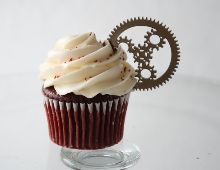 6 Steampunk Gear Cupcake Toppers Acrylic by ThickandThinDesigns