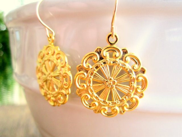 Gold Filigree Earrings, Brass Filigree Charm Earrings Compass Rose Earrings, Bridal Earrings, Gold Metal Earrings