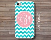 Personalized iPhone 4/ 4s and 5 Case - Turquoise Blue  Chevron With Pink Monogram iPhone Hard Case- Cell Phone Chevron Pattern Geometric