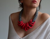 Red statement necklace, polymer clay necklace, crochet necklace, - byNao