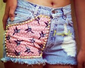 Animal print shorts,high waist bird print denim shorts,jean shorts by Jeansonly