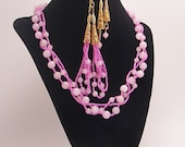 Pink Jade Braid, Jewelry Set, Gold, Seed Beads, Long Earrings, Bracelet, Matching Gift Set
