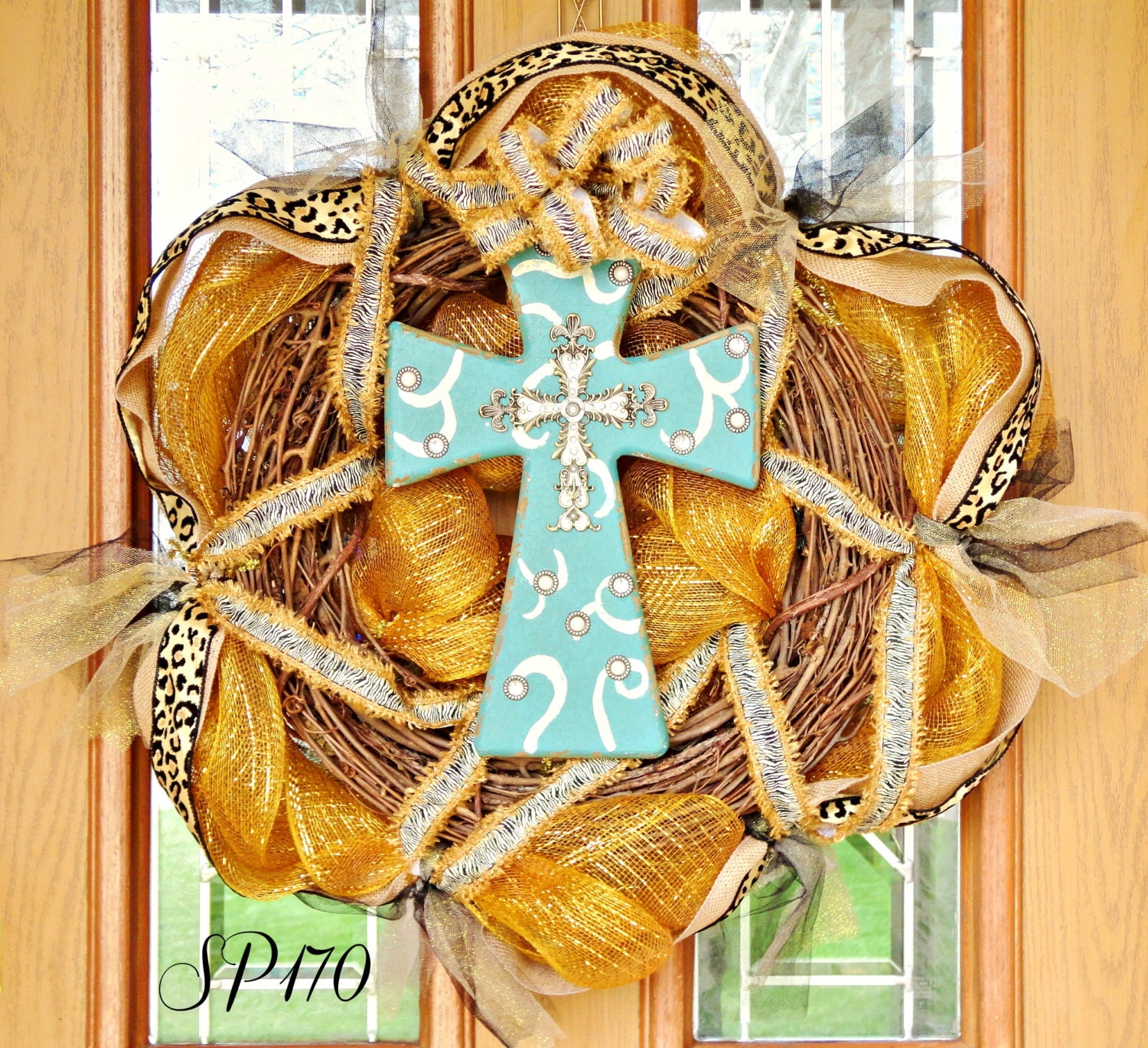 Animal Print Deco Mesh (Bronze) Cross Wreath - Home Decor - Mother's Day