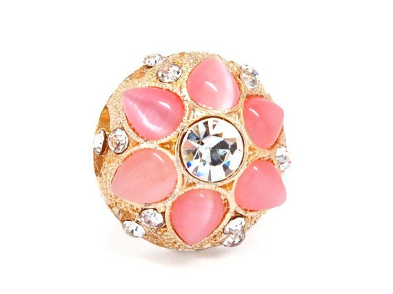 Fashion Jewelry - Pink Cocktail Ring For Fashion/Parties Events - Handmade With Pink and Clear Rhinestones