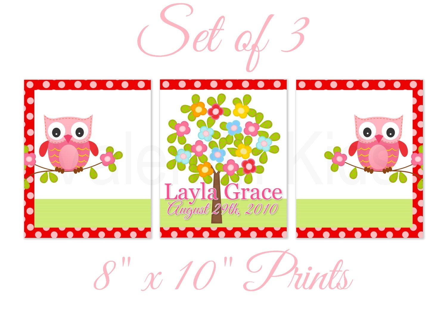 Personalized Birth Announcement Print - Set of 3 - 8" x 10" Prints -Happy Owls and Flower Tree