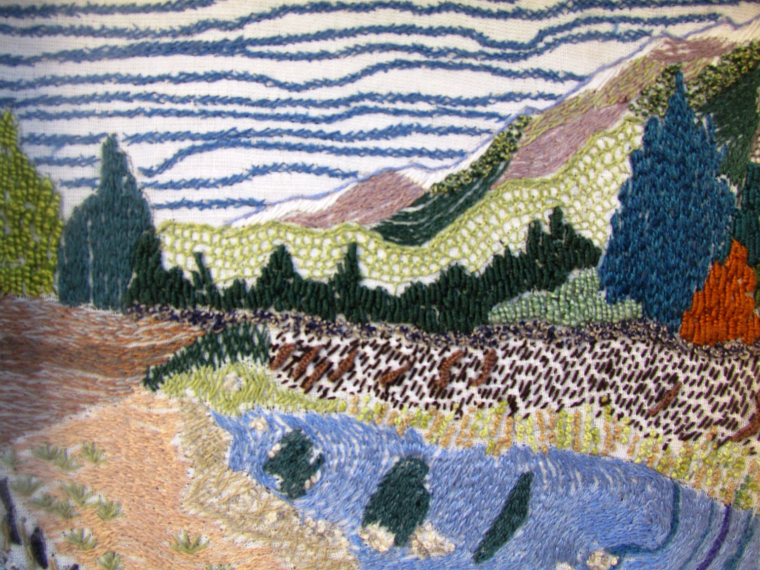 TREES by the LAKE,  wall decor, hand embroidery,  fiber art  OOAK