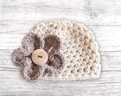 Baby Hat, Beige Crochet Flower Baby Hat, Crochet Baby Beanie, Size: 3 - 6 Mo READY to ship, Made to order