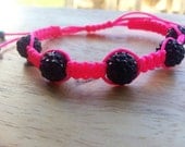 Dark Purple Pave Bead on Neon Pink String Adjustable Shamballa Meditation Bracelet