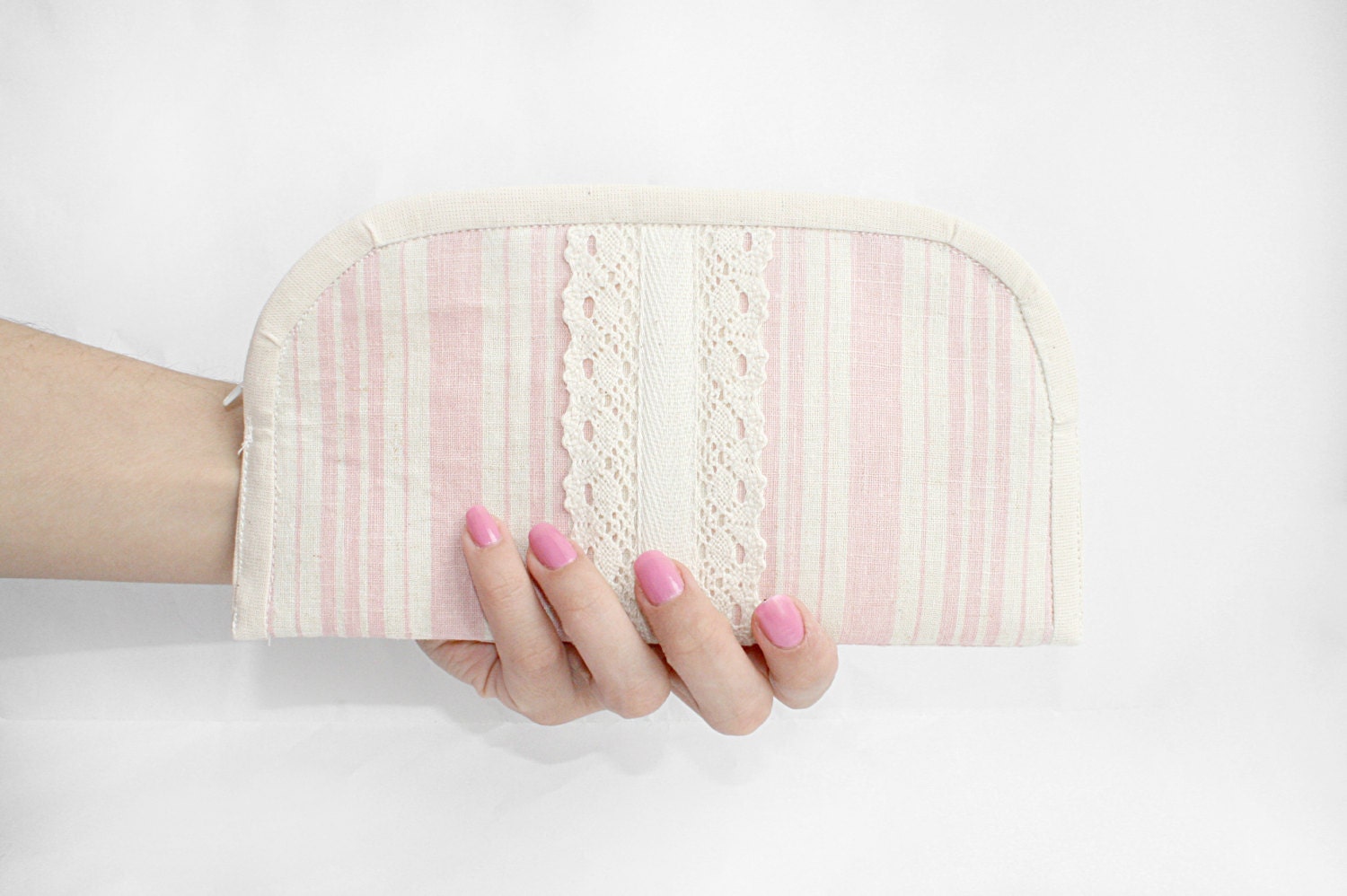 Pleated striped clutch pale pink zipper pouch cosmetic bag - FriendlyHandmade Pleated striped clutch pale pink zipper pouch cosmetic bag - FriendlyHandmade