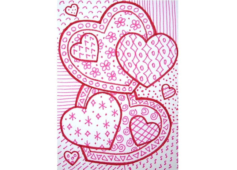 OOAK red and pink heart zentangle ACEO, heart drawing, zen doodle