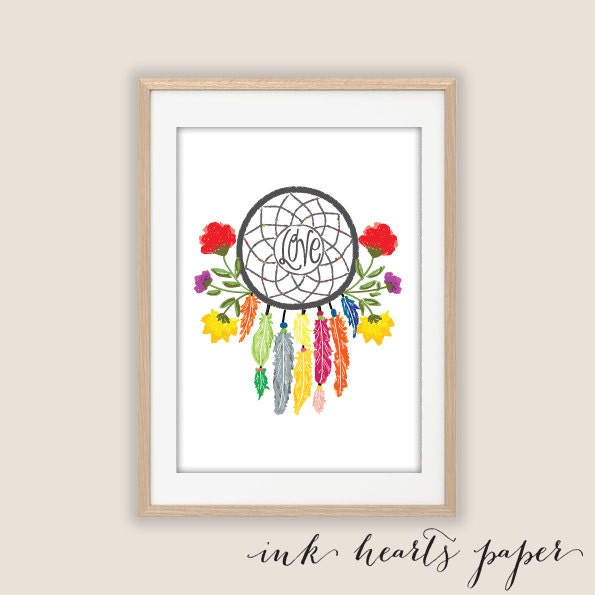 PRINT A4 Bohemian feather and flower Dreamcatcher Wall Art