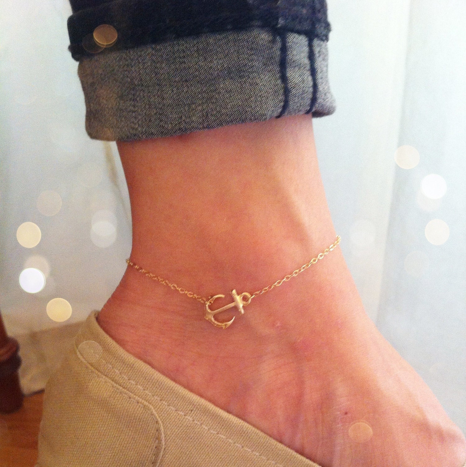 Sideways anchor anklet 14K gold filled chain, delicate and cute.