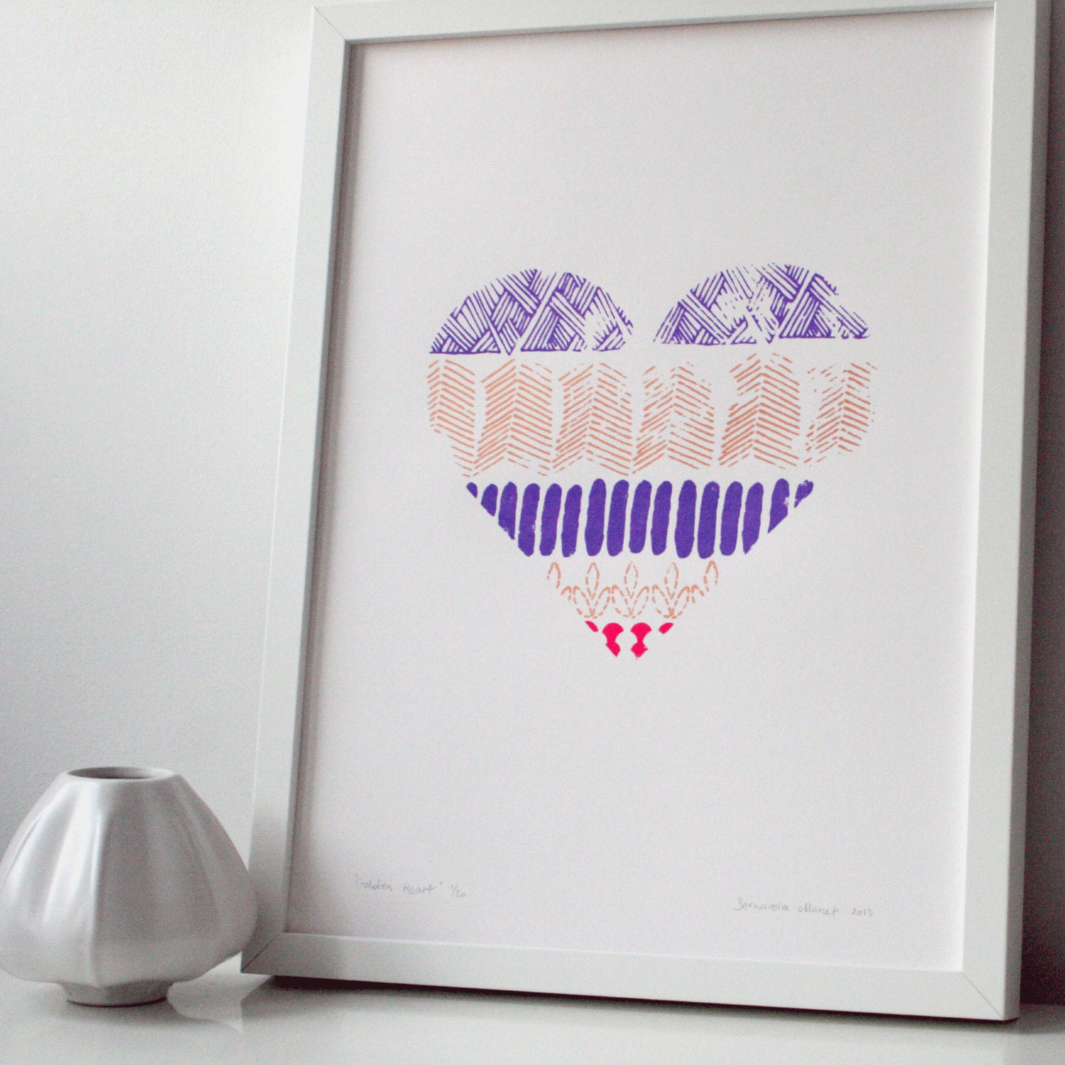 SALE - use coupon code "SPRING" at the checkout to get 40% OFF----Golden Heart - Handmade A3 Screenprint