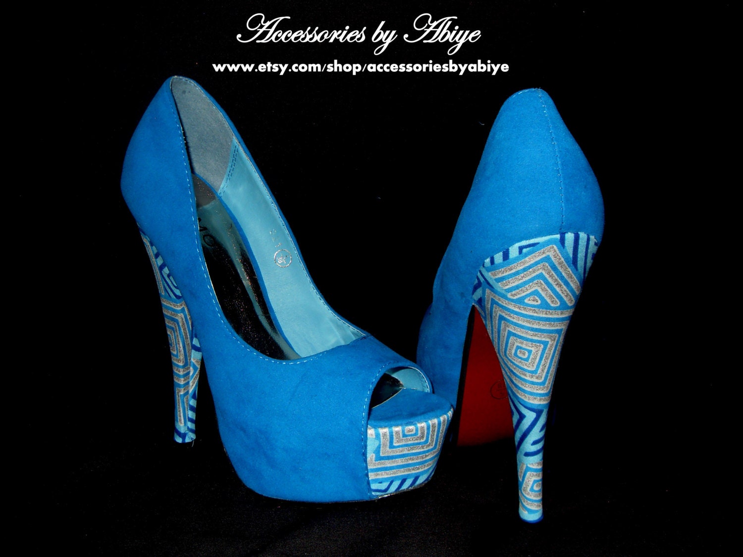 Blue & silver suede Women/Ladies concealed platform peeptoe high stiletto heel shoes made with Ankara wax print African fabric