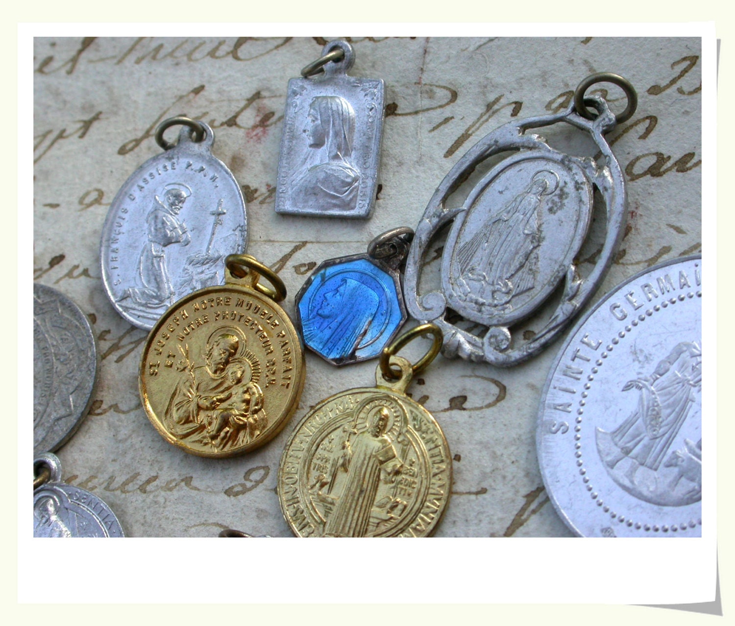 16pcs French antique religious medal virgin baby silver medal our lady bronze angel vintage charm cross crucifix blue enamel medal heart