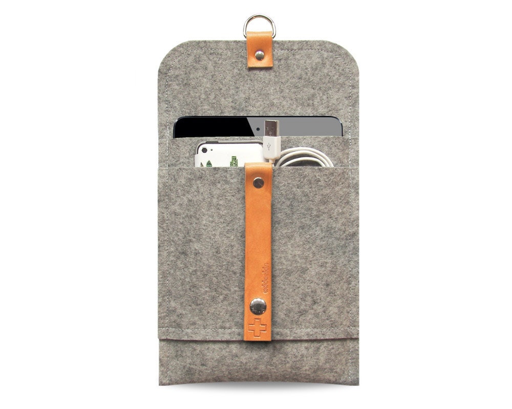 iPad mini case iPad mini cover pure grey wool felt, leather straps, very protectiv, front pocket, anti- static