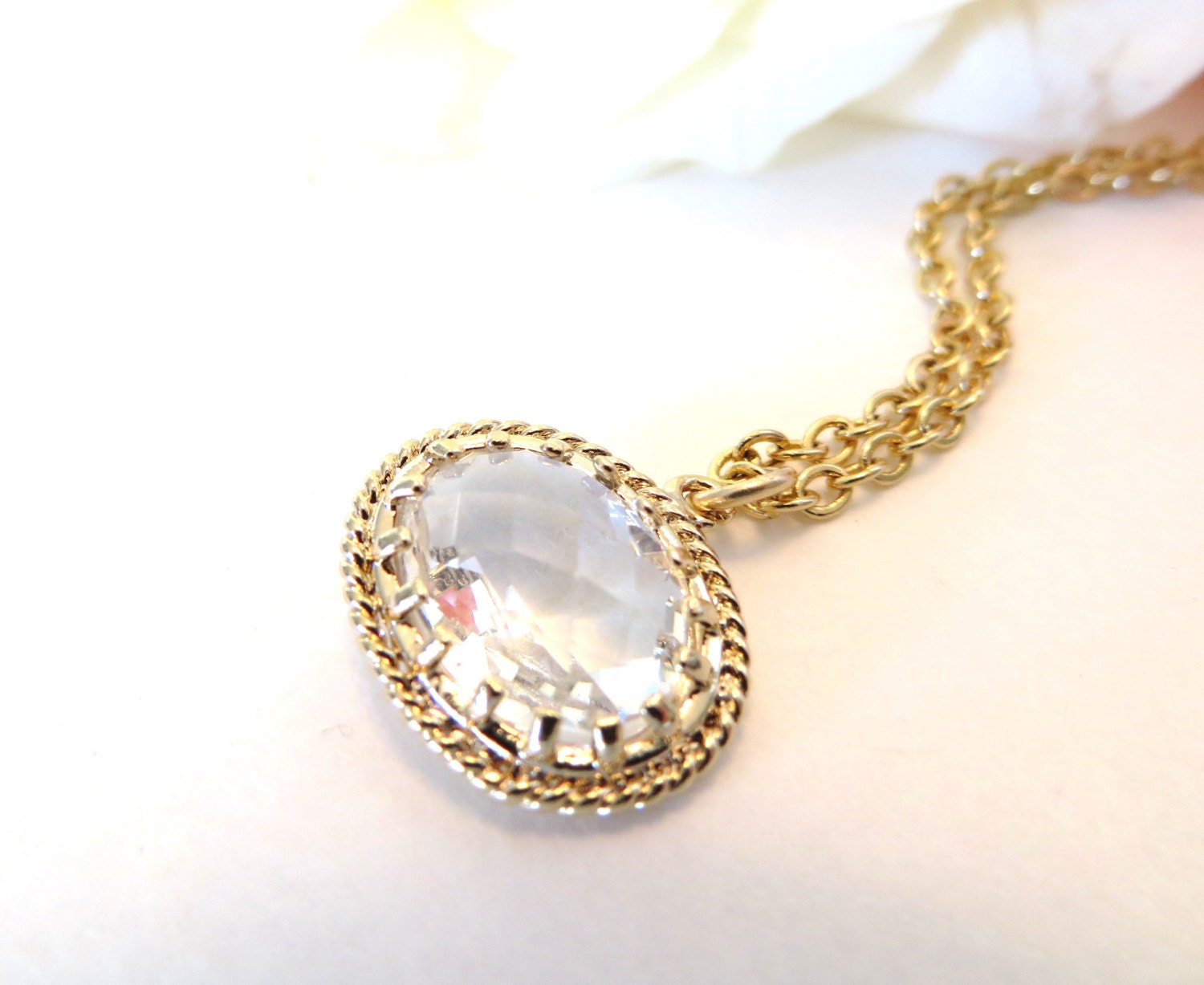 Gold Crystal Necklace Gold Necklace Rock Crystal Quartz Clear Jewelry 14 karat Oval Pendant Crystal Wedding Jewelry Gold Bridesmaid Necklace