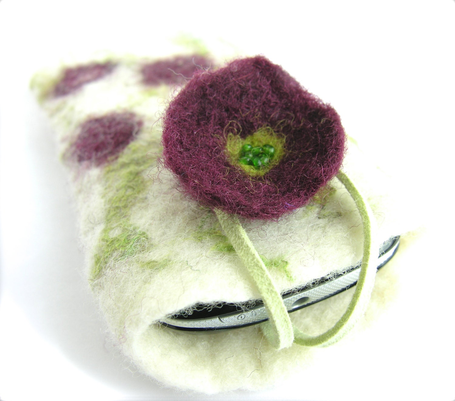 Wool felted Phone Case, White, green, purple iPhone sleeve, smart phone pouch, wet felted gadget case, eco friendly, OOAk